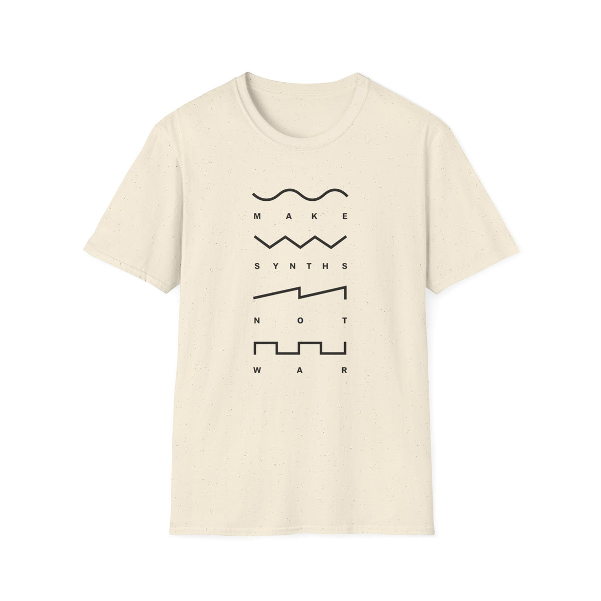 Cream t-shirt with black text and waveform graphics reading "MAKE SYNTHS NOT WAR".