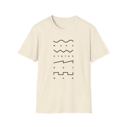 Cream t-shirt with black text and waveform graphics reading "MAKE SYNTHS NOT WAR".
