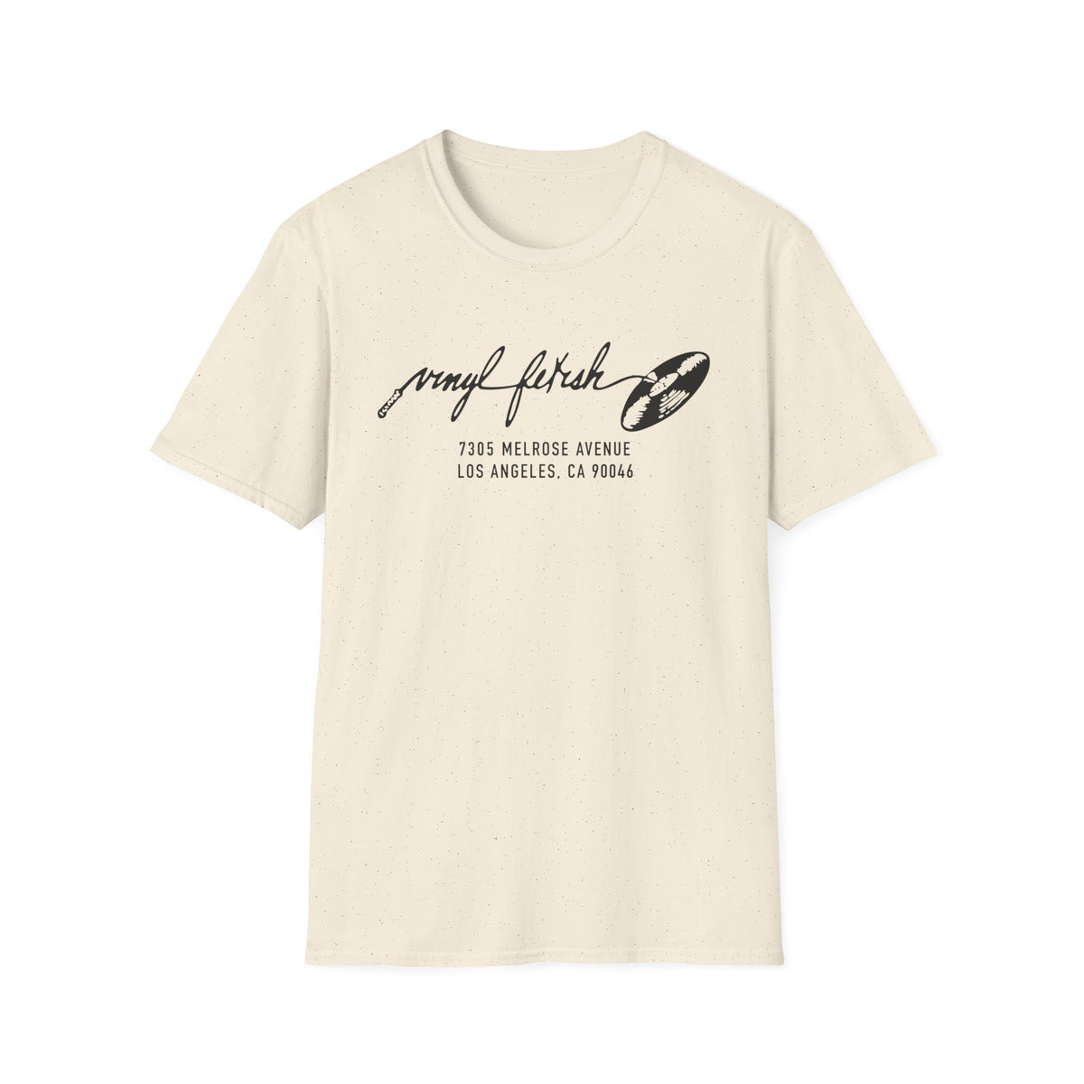 Cream t-shirt with black "vinyl fetish" graphic and Los Angeles address.