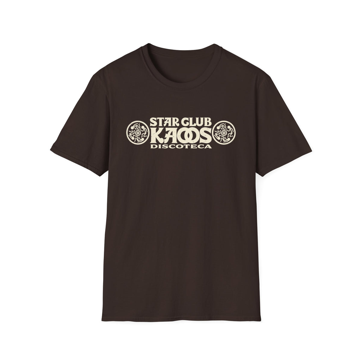 Brown t-shirt with cream Star Club Kaos Discoteca graphic.