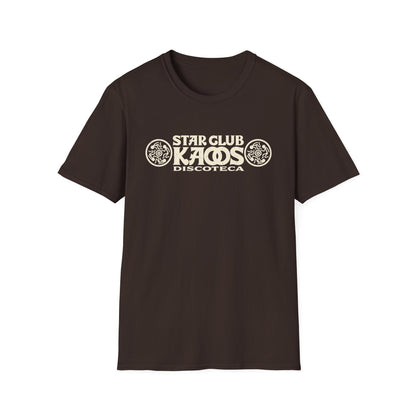 Brown t-shirt with cream Star Club Kaos Discoteca graphic.