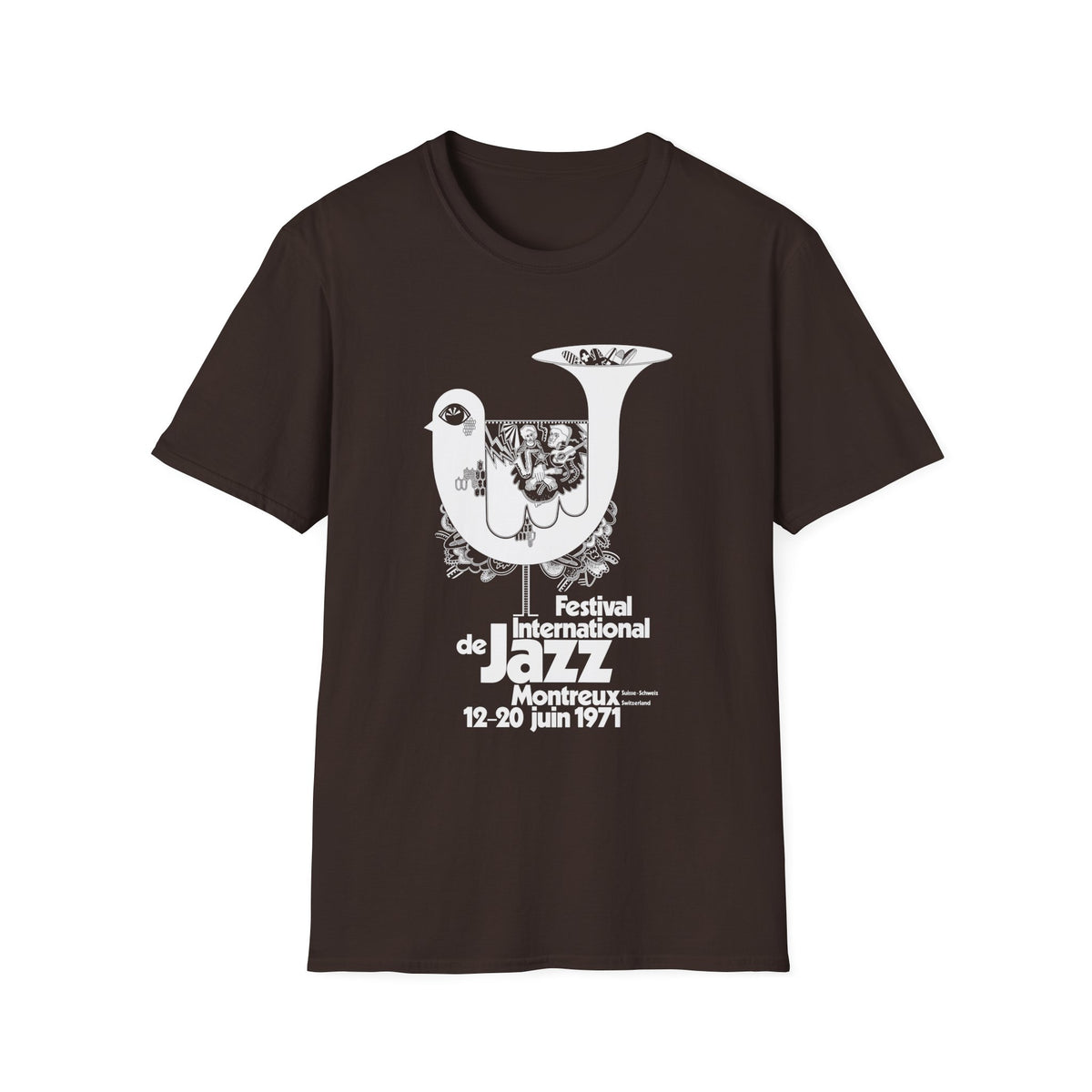 Brown t-shirt with white text and graphics for Montreux Jazz Festival 1971.