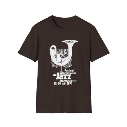 Brown t-shirt with white text and graphics for Montreux Jazz Festival 1971.