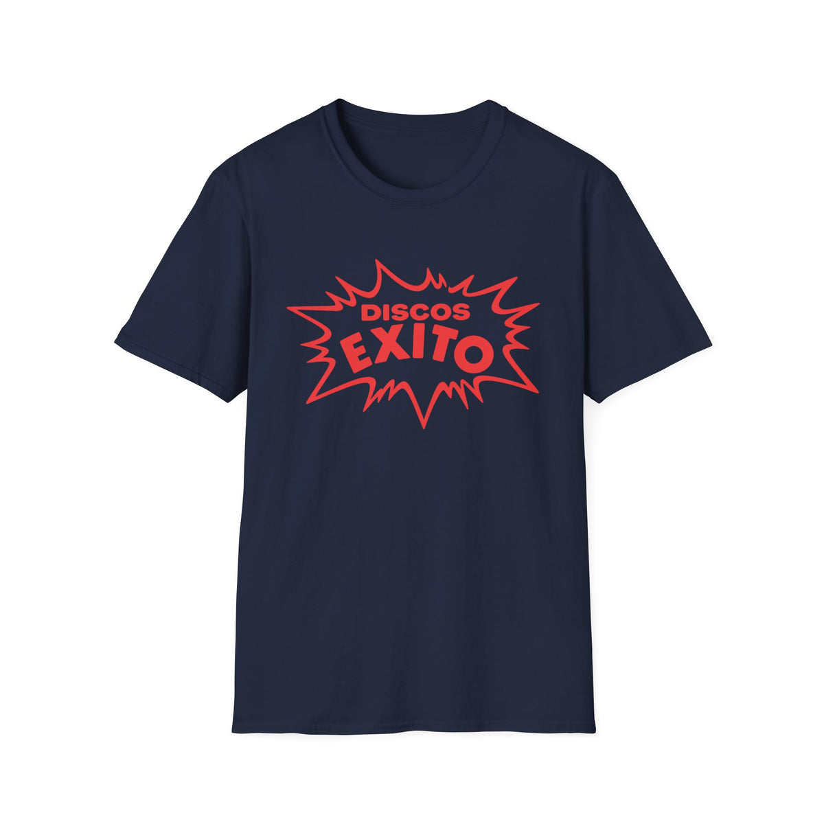 Navy blue short-sleeve t-shirt with a red comic book style burst graphic featuring the text Discos Exito.