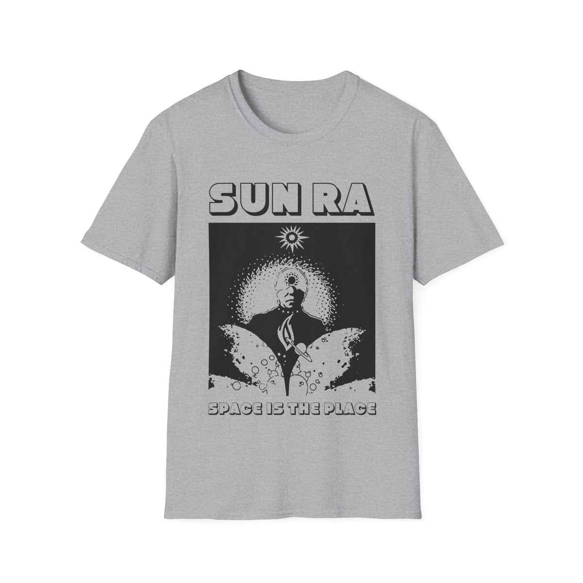 Grey t-shirt with black graphic of Sun Ra and text "SUN RA SPACE IS THE PLACE".