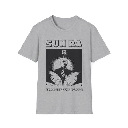 Grey t-shirt with black graphic of Sun Ra and text "SUN RA SPACE IS THE PLACE".