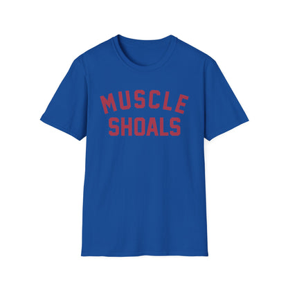 Blue t-shirt with red text that reads "MUSCLE SHOALS".