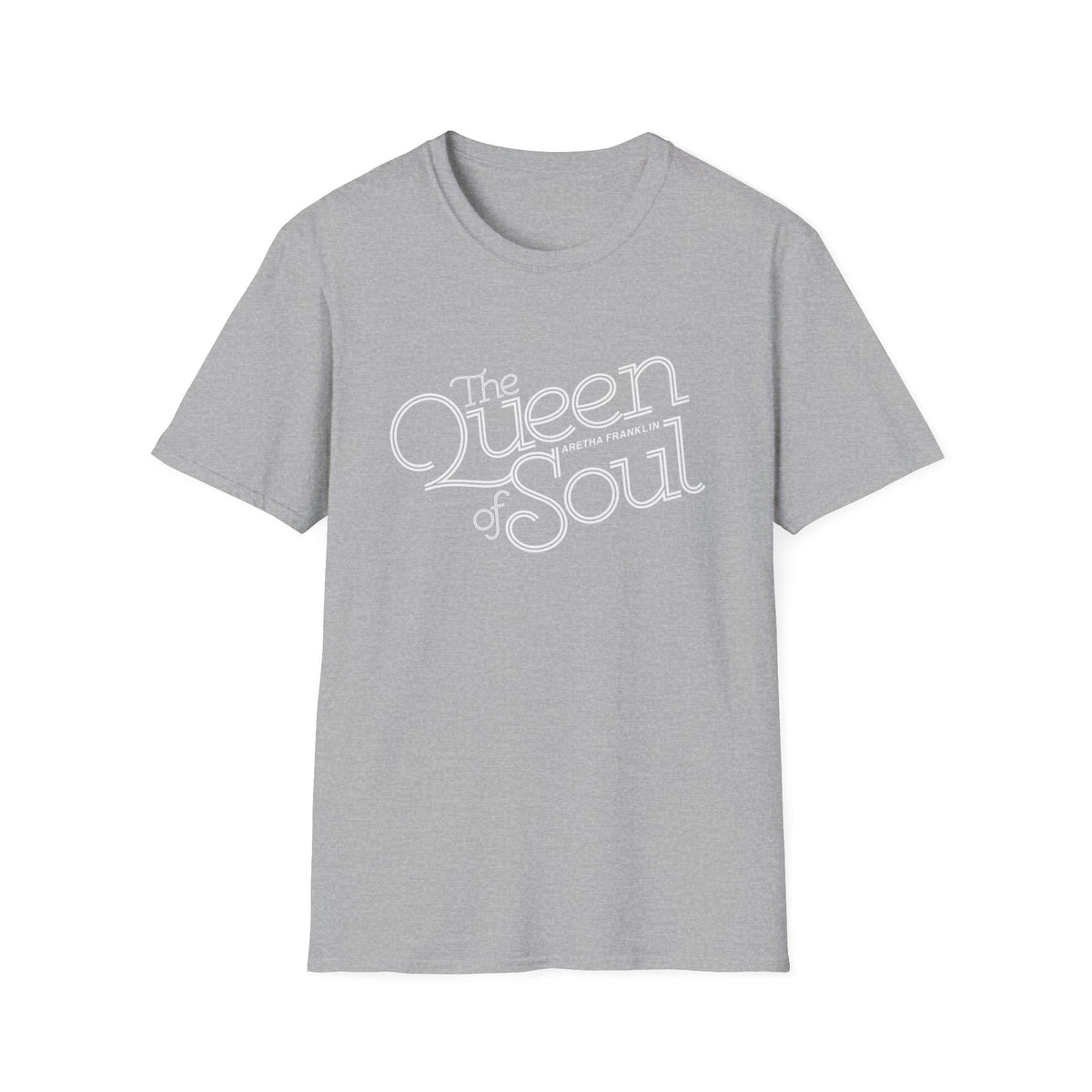 Gray t-shirt with white text: "The Queen of Soul Aretha Franklin".