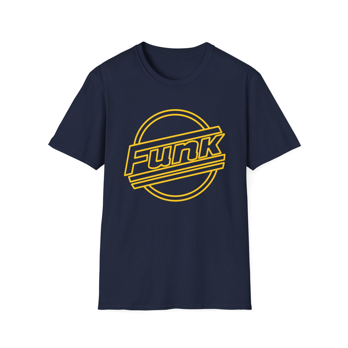 Navy t-shirt with yellow "Funk" text logo inside a circle.