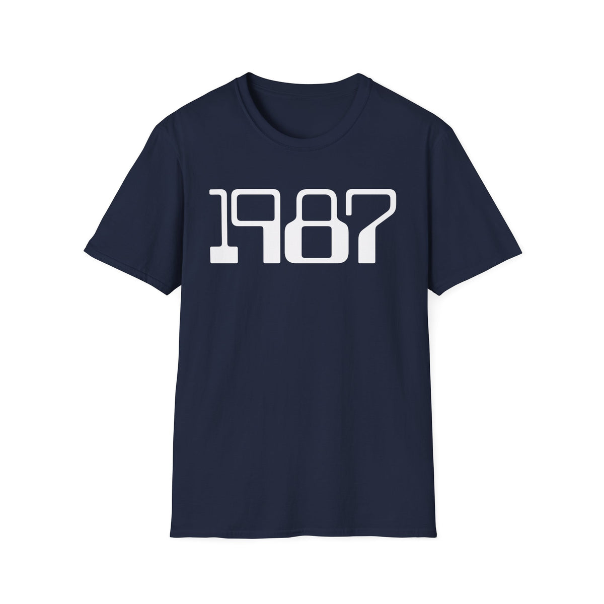 Navy t-shirt with white "1987" graphic text centered on chest.