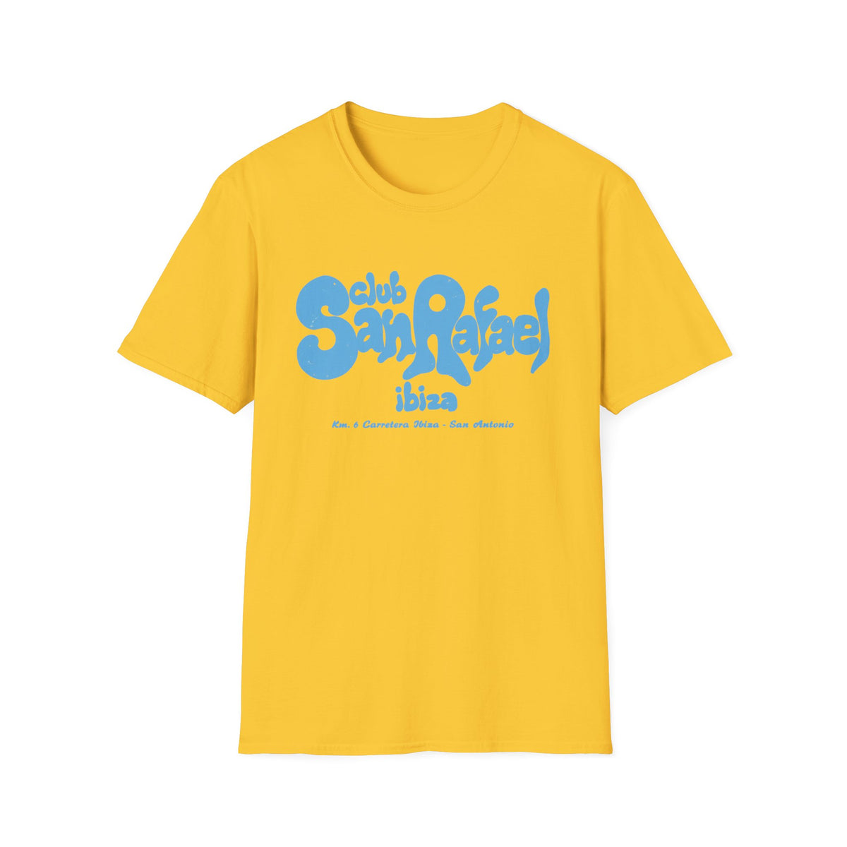 Yellow t-shirt with "Club San Rafael Ibiza Km. 6 Carretera Ibiza - San Antonio" text.