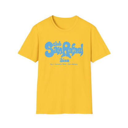 Yellow t-shirt with "Club San Rafael Ibiza Km. 6 Carretera Ibiza - San Antonio" text.
