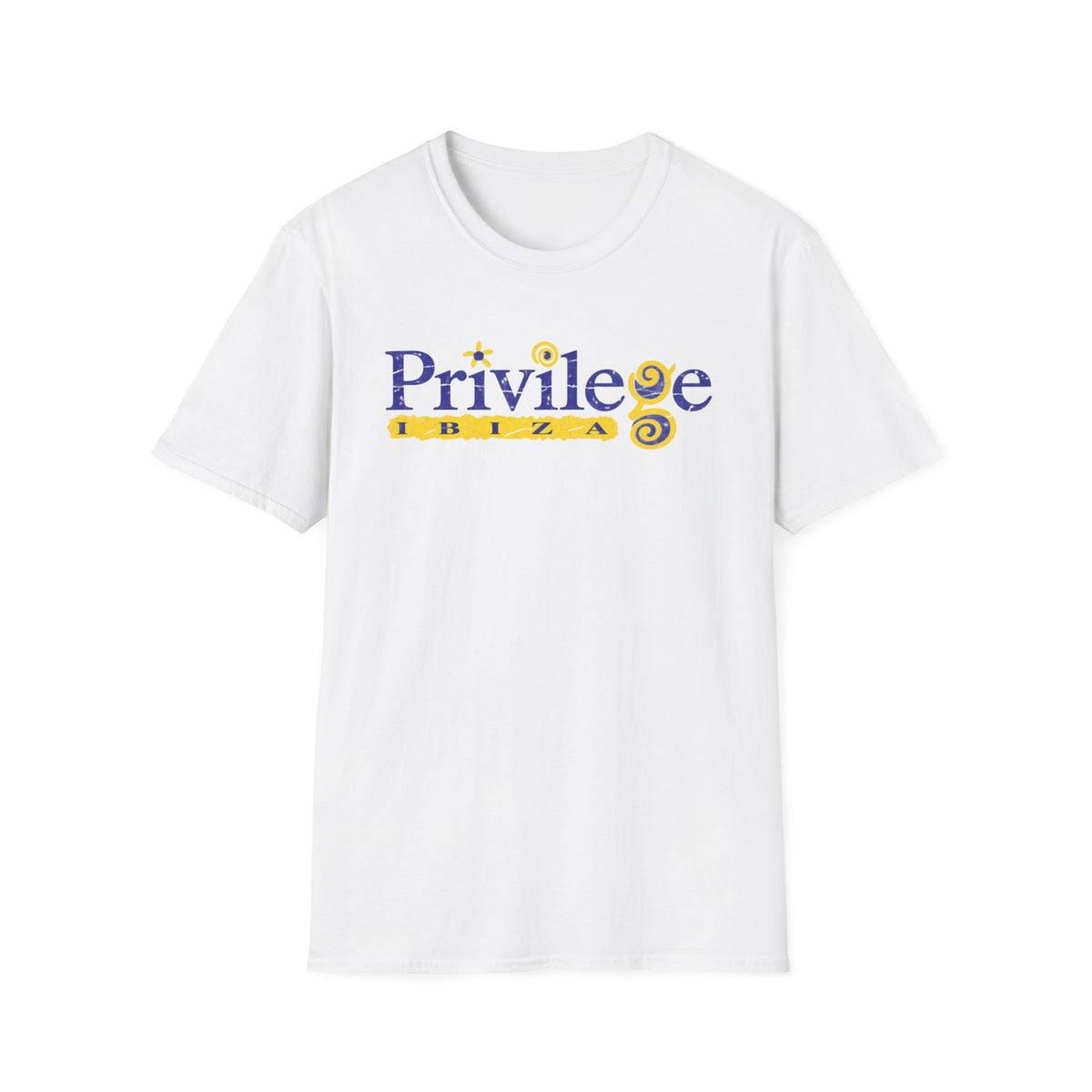 White t-shirt with blue text "Privilege Ibiza" and yellow spiral graphics.