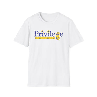 White t-shirt with blue text "Privilege Ibiza" and yellow spiral graphics.