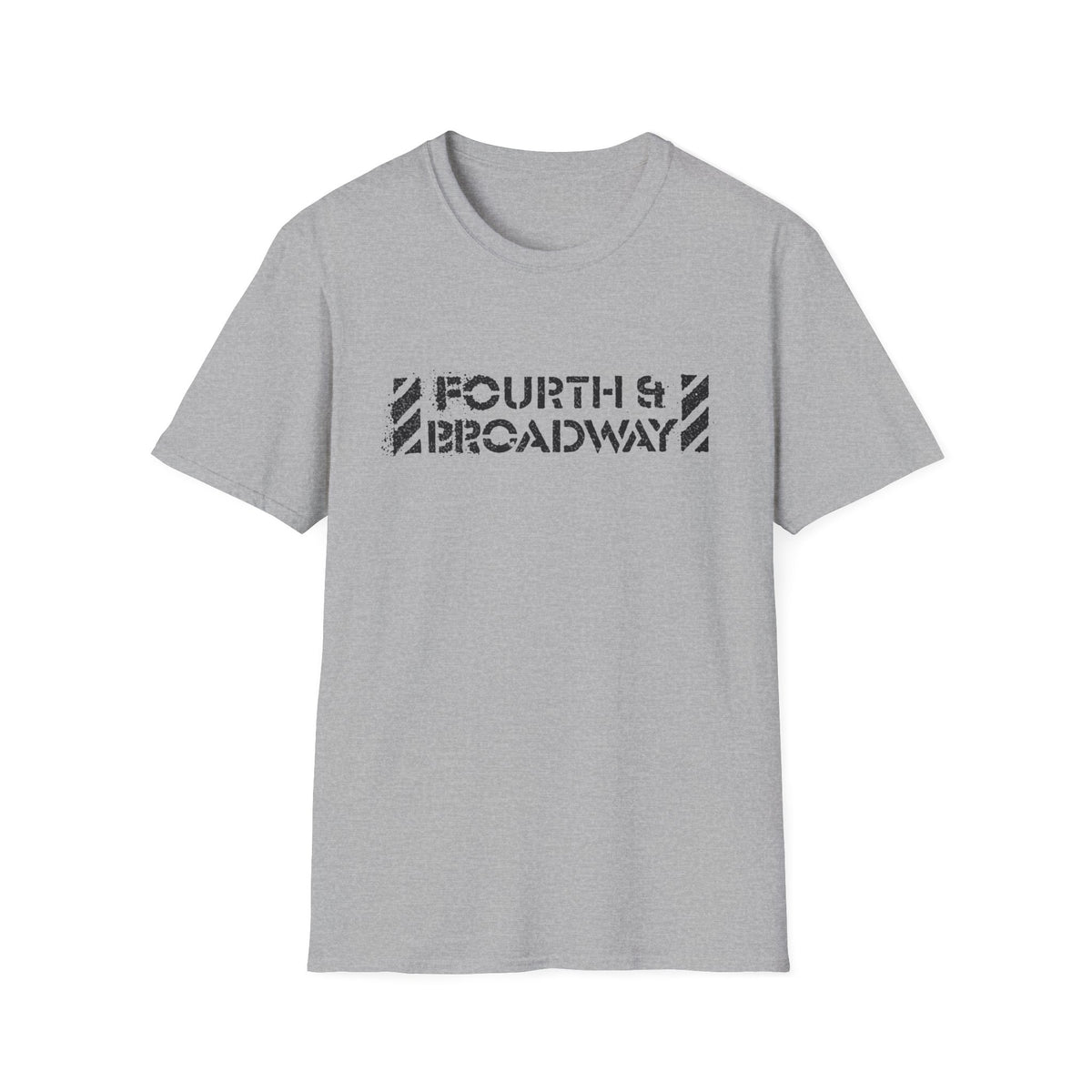 Grey t-shirt with black "Fourth & Broadway" text design