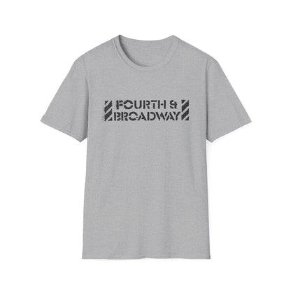 Grey t-shirt with black "Fourth & Broadway" text design