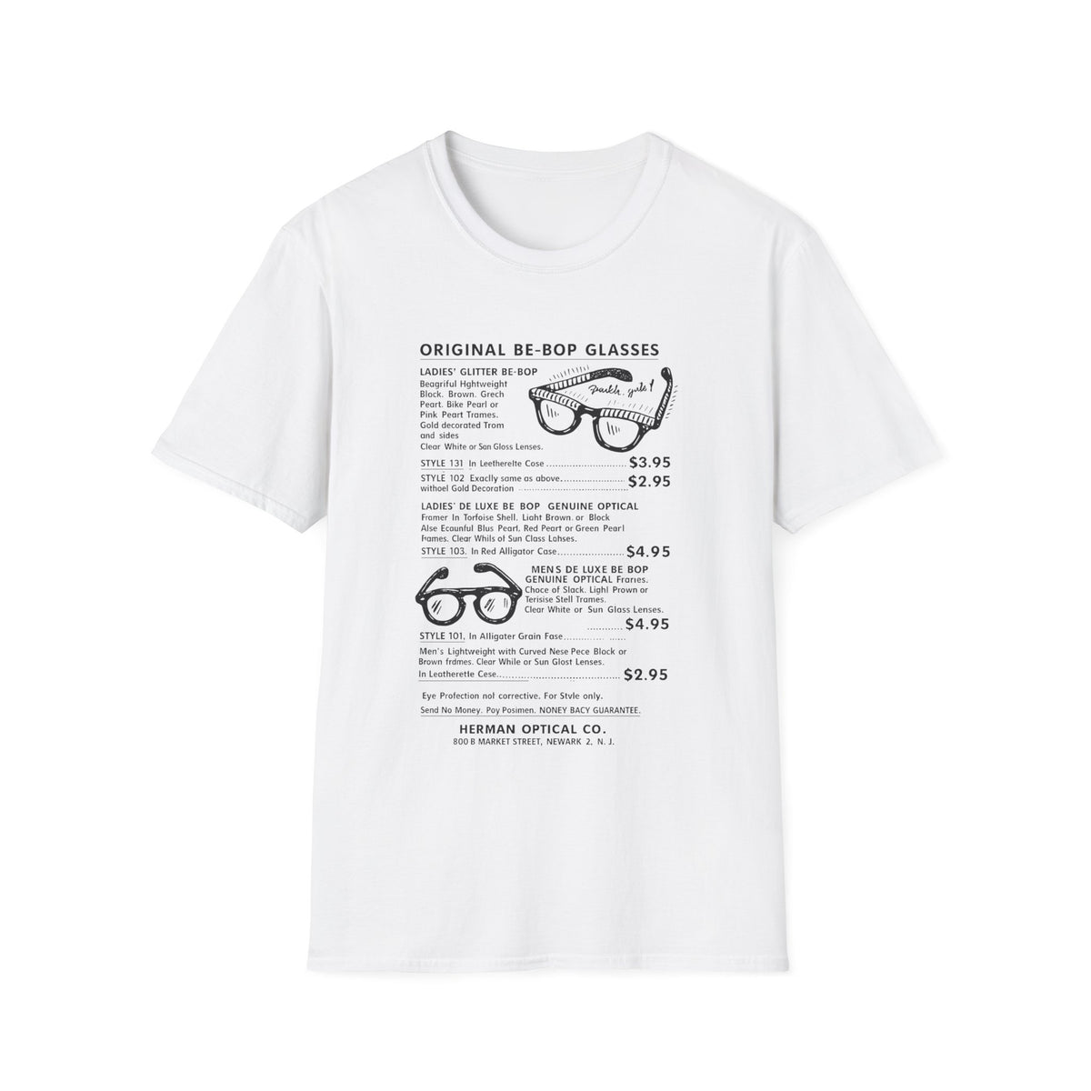 White t-shirt with a vintage catalog page graphic featuring eyeglasses descriptions and prices.