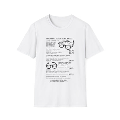 White t-shirt with a vintage catalog page graphic featuring eyeglasses descriptions and prices.