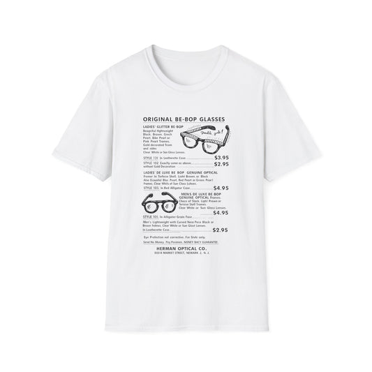 White t-shirt with a vintage catalog page graphic featuring eyeglasses descriptions and prices.