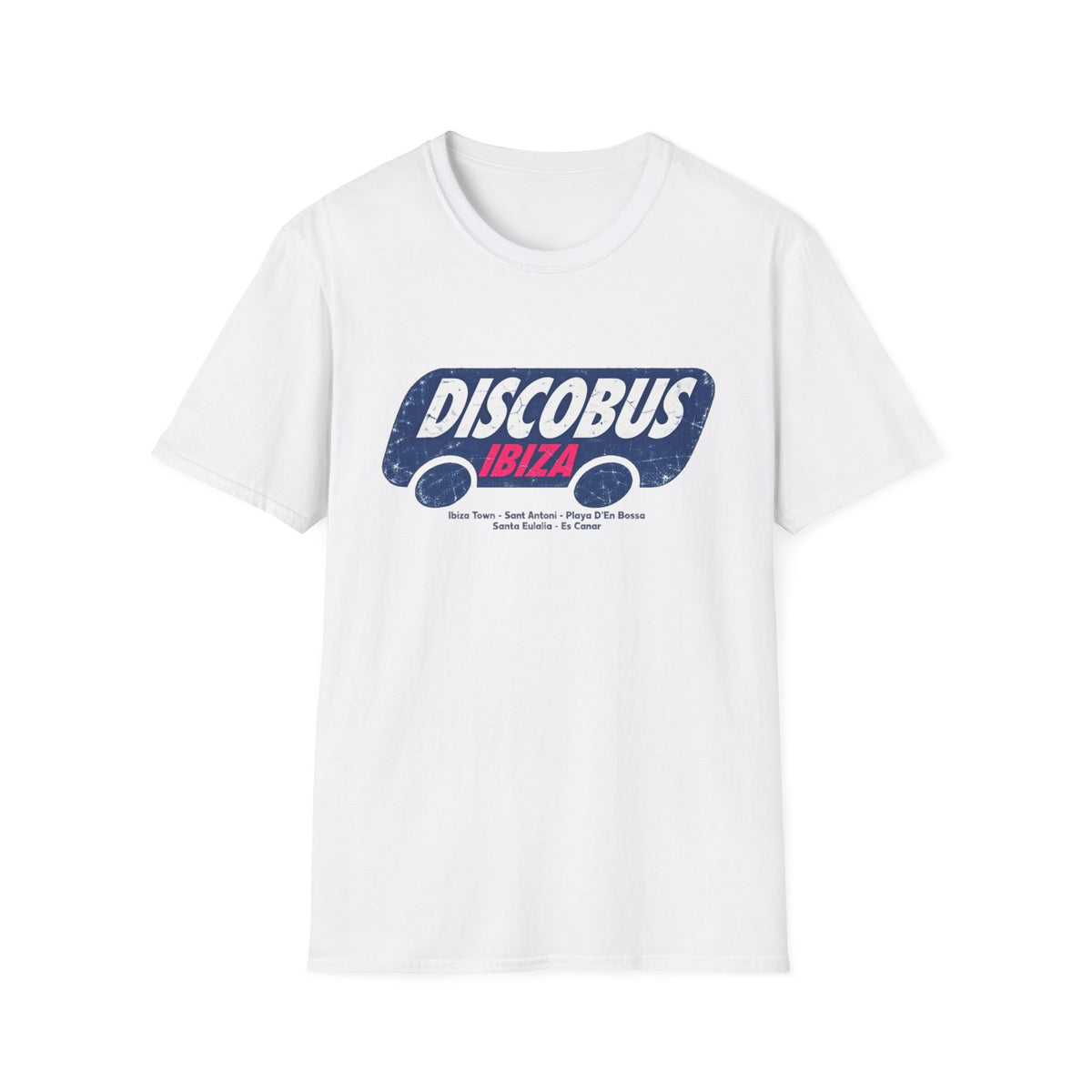White t-shirt with "DISCOBUS IBIZA" and bus route text graphic.