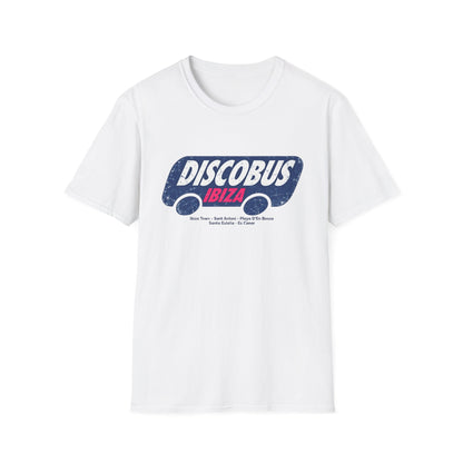 White t-shirt with "DISCOBUS IBIZA" and bus route text graphic.