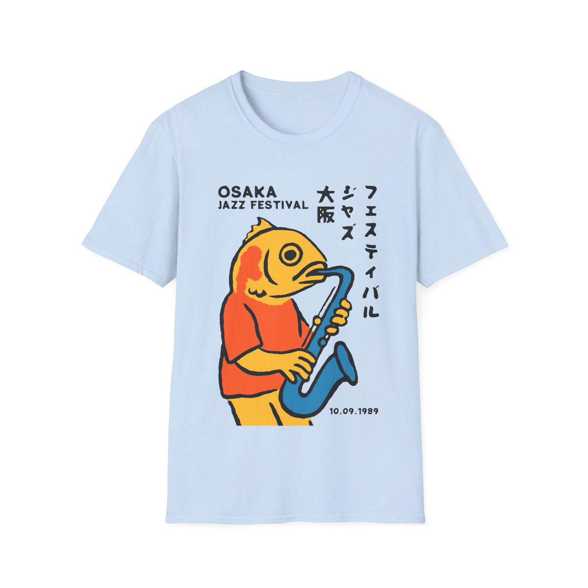 Light blue t-shirt with Osaka Jazz Festival text and fish playing saxophone graphic.