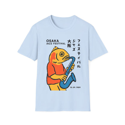 Light blue t-shirt with Osaka Jazz Festival text and fish playing saxophone graphic.