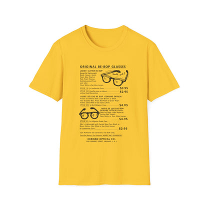Yellow t-shirt with a graphic listing various styles of Be-Bop glasses and their prices.