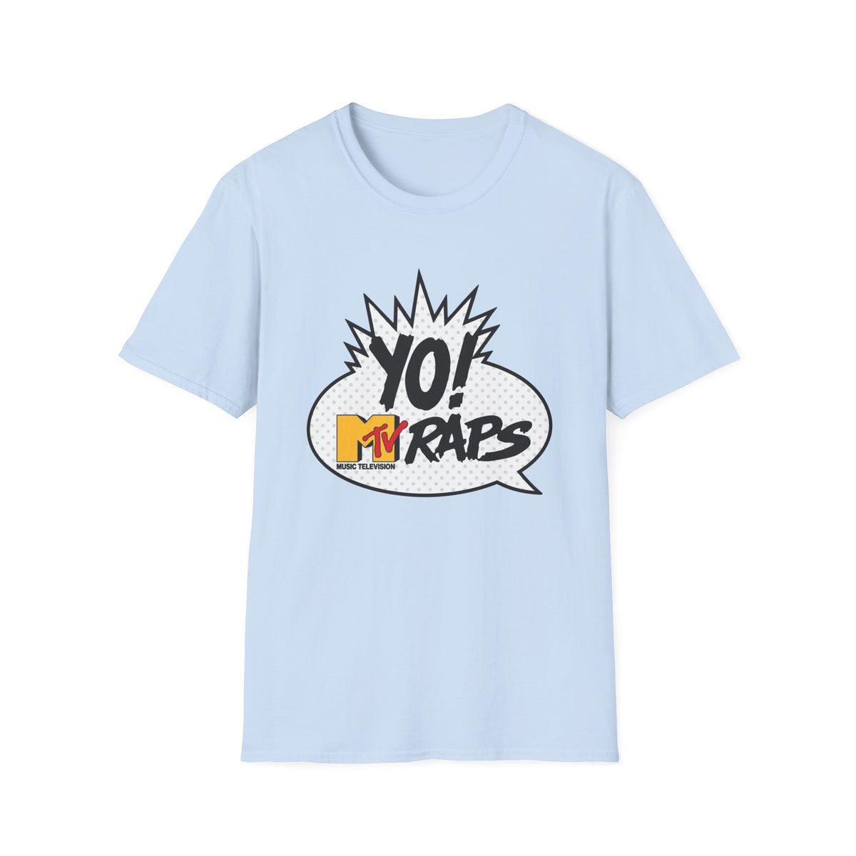 Light blue t-shirt with a "YO! MTV RAPS" graphic in a speech bubble.