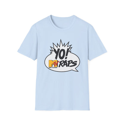 Light blue t-shirt with a "YO! MTV RAPS" graphic in a speech bubble.