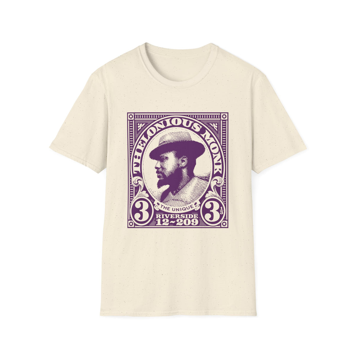 Cream t-shirt featuring a purple vintage stamp design of Thelonious Monk.