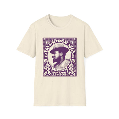 Cream t-shirt featuring a purple vintage stamp design of Thelonious Monk.