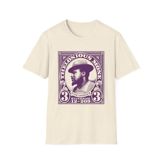 Cream t-shirt featuring a purple vintage stamp design of Thelonious Monk.