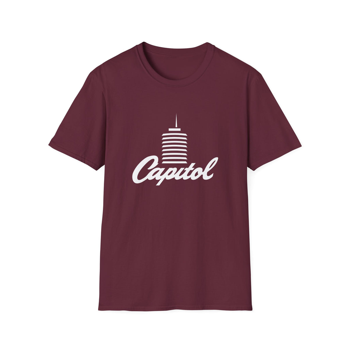 Maroon t-shirt with white text and a graphic of a building.
