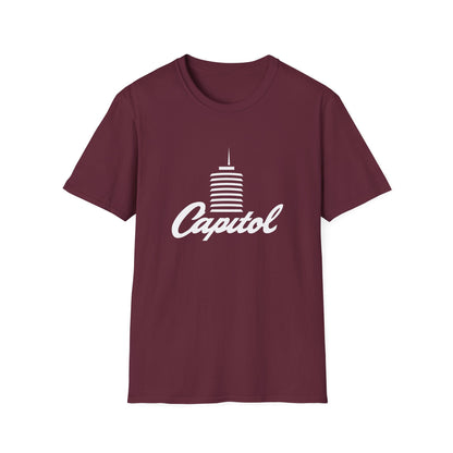 Maroon t-shirt with white text and a graphic of a building.