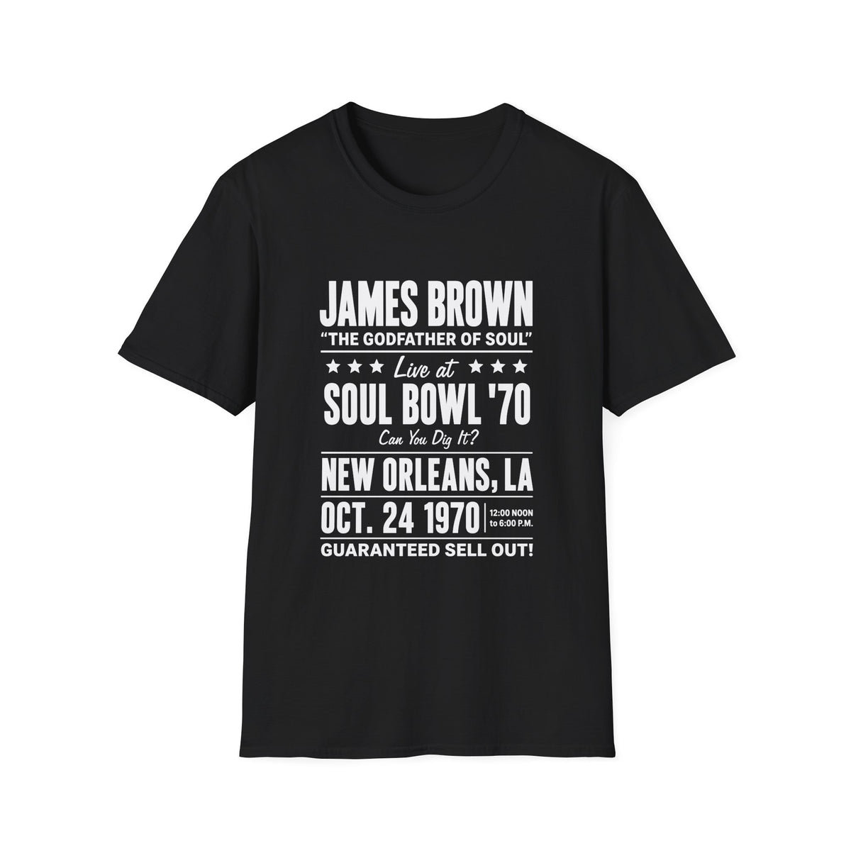 Black t-shirt featuring James Brown Soul Bowl '70 concert details.