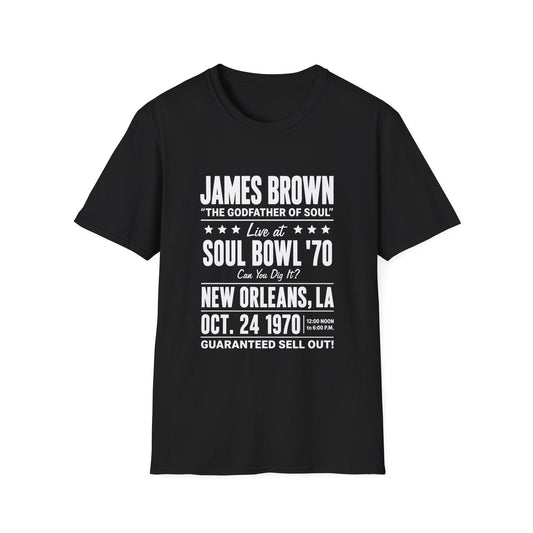 Black t-shirt featuring James Brown Soul Bowl '70 concert details.