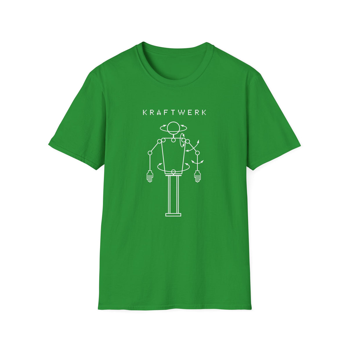Green t-shirt with white Kraftwerk logo and robotic design.
