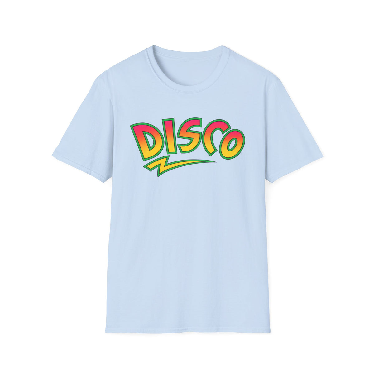 Light blue t-shirt with colorful "DISCO" text graphic.