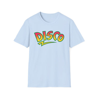 Light blue t-shirt with colorful "DISCO" text graphic.