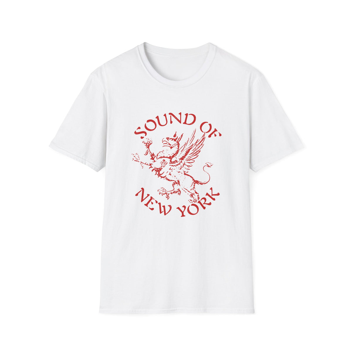 White t-shirt with red "Sound of New York" text and a griffin graphic.