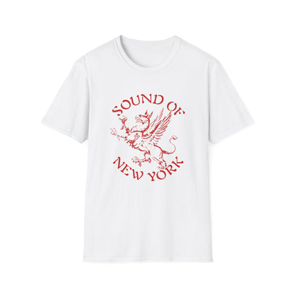 White t-shirt with red "Sound of New York" text and a griffin graphic.