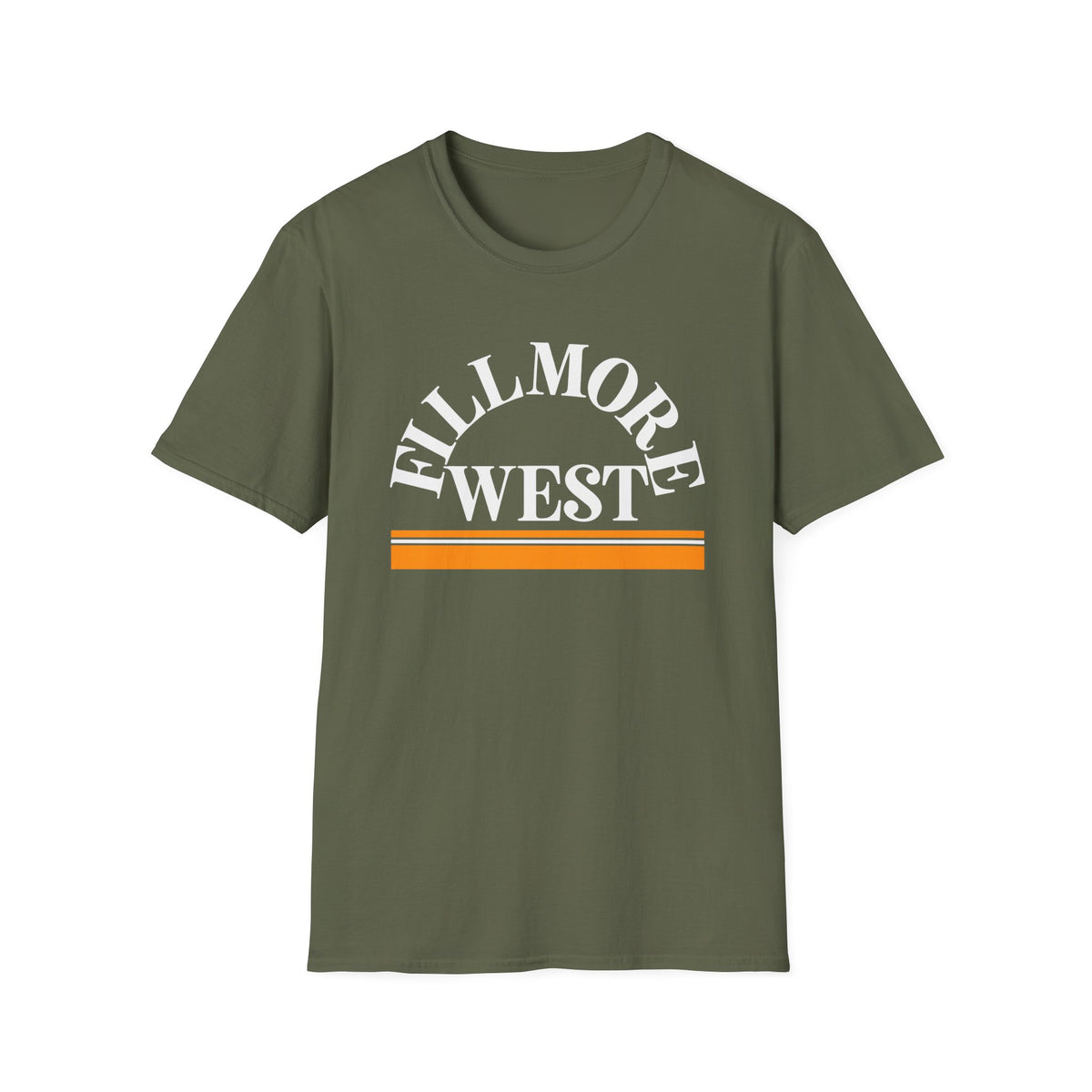 Olive green t-shirt with white "FILLMORE WEST" text and orange stripe.