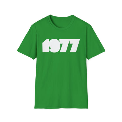 Green t-shirt with white "1977" graphic on the front.