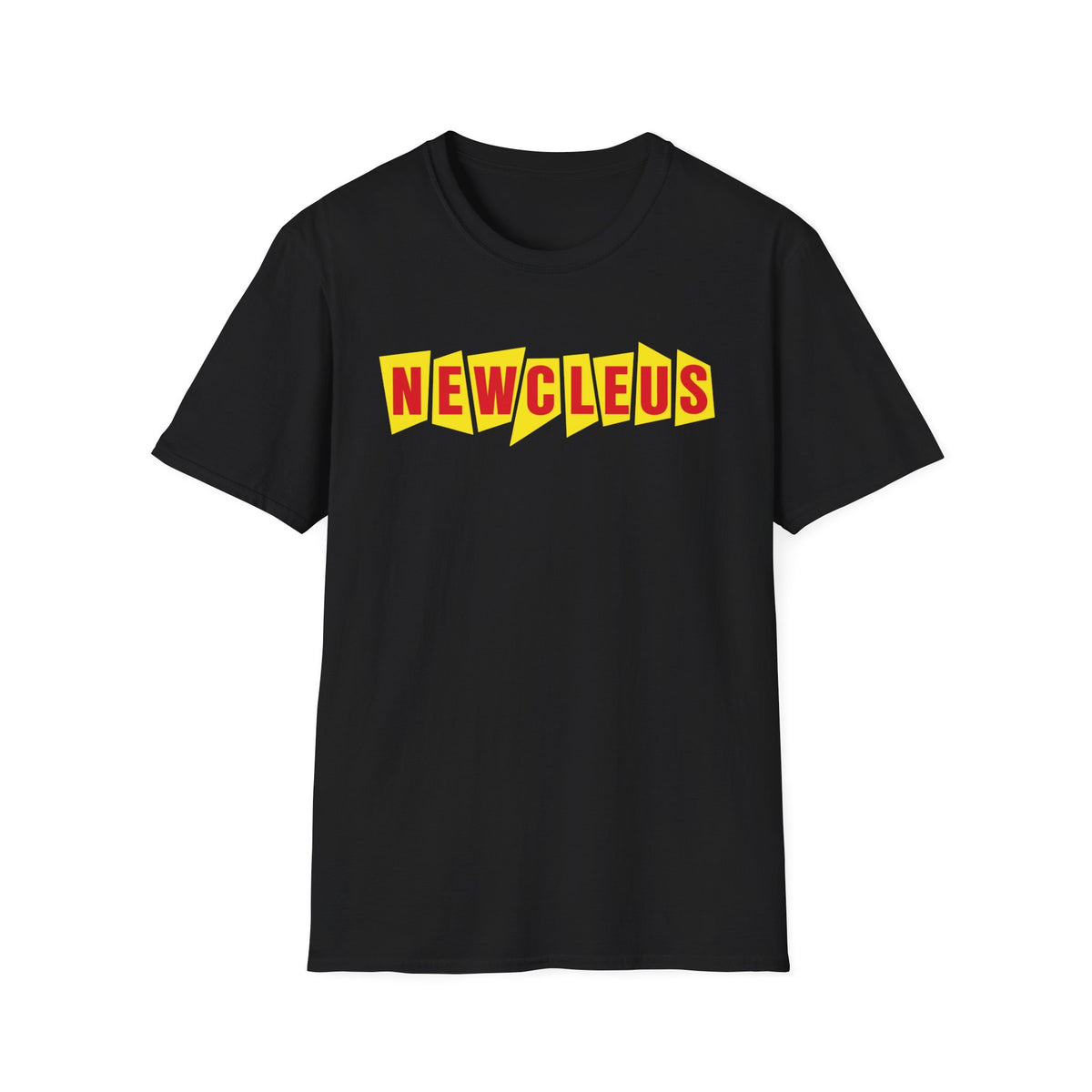 Black t-shirt with red and yellow "NEWCLEUS" text.