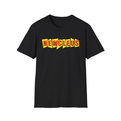 Black t-shirt with red and yellow "NEWCLEUS" text.