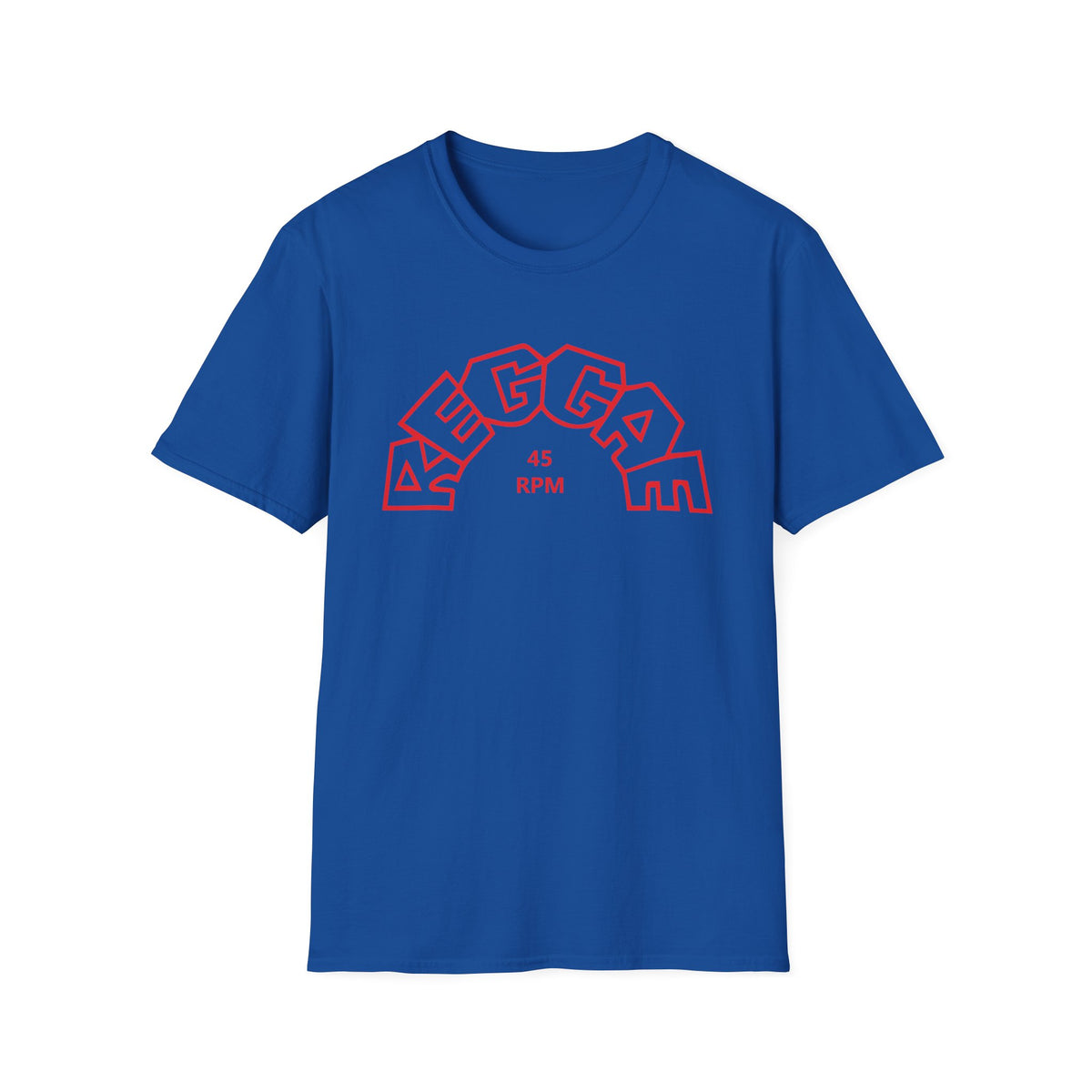 Blue t-shirt with red "REGGAE" text and "45 RPM" in the center.