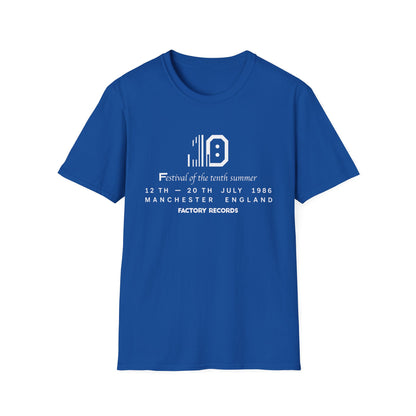 Blue t-shirt with "Festival of the tenth summer" and "Factory Records" text.