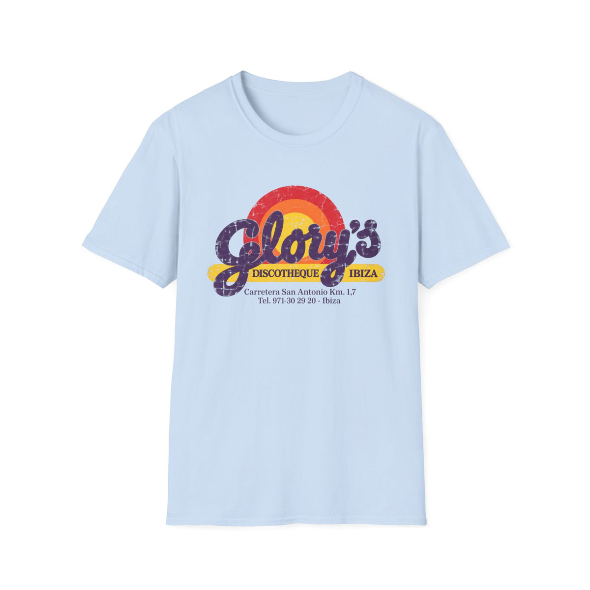 Light blue t-shirt with distressed "Glory's Discotheque Ibiza" graphic and address.