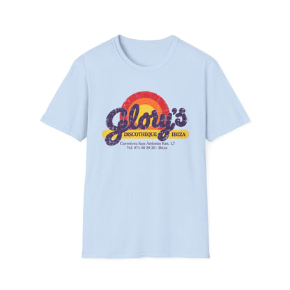 Light blue t-shirt with distressed "Glory's Discotheque Ibiza" graphic and address.